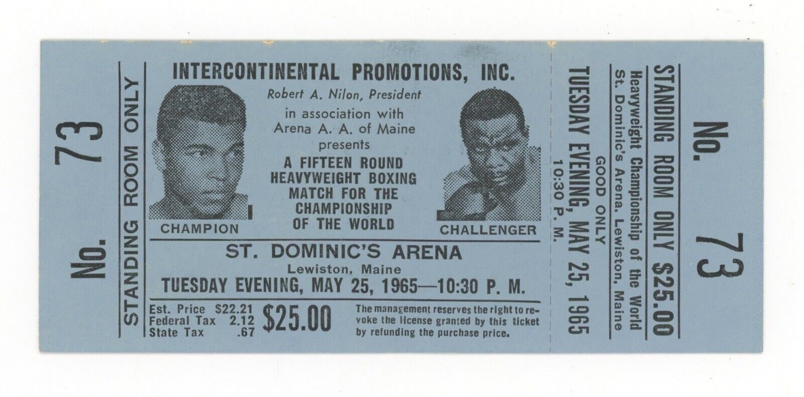 Muhammad Ali vs. Sonny Liston Full Ticket May 25, 1965 Standing Room $25 #73