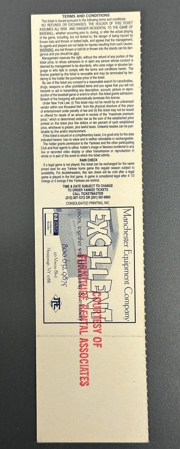 April 9, 1996 New York Yankees Opening Day FULL Ticket - Derek Jeter’s 1st