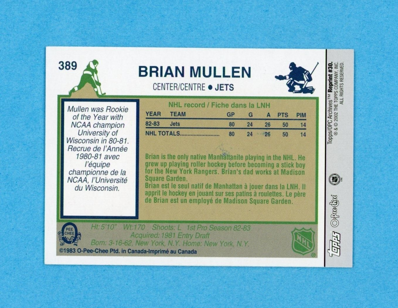 Brian Mullen 2001-02 Topps/OPC Archives #30 Autographed Hockey Card