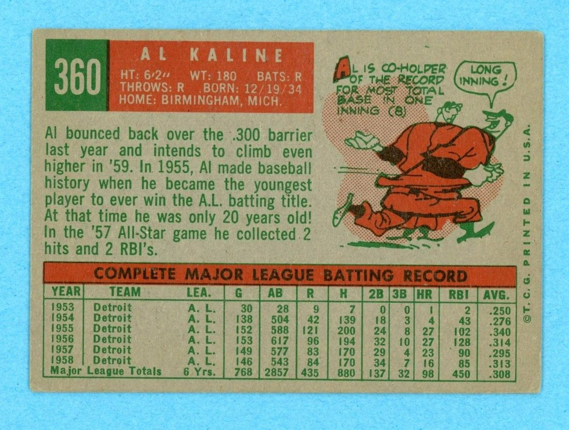 1959 Topps #360 Al Kaline Detroit Tigers Baseball Card Vg/Ex scr on front