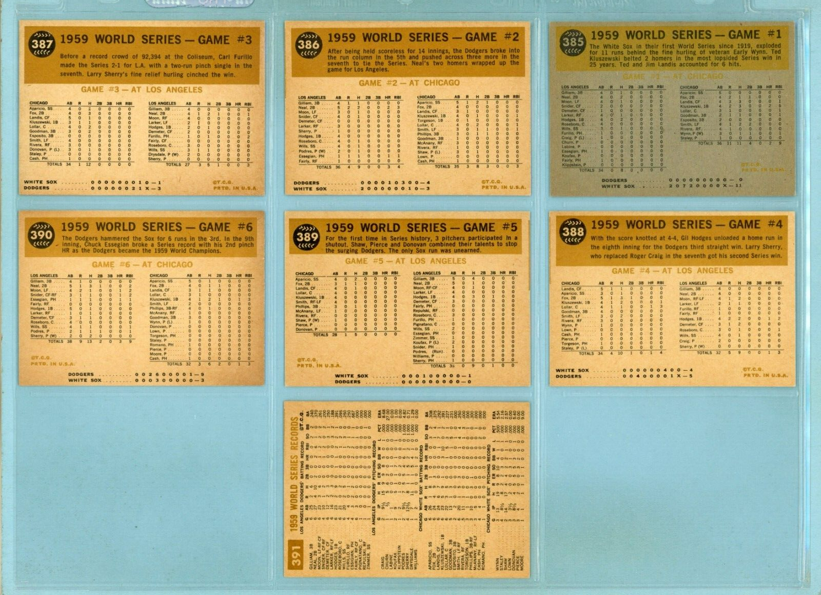 1960 Topps Set of 7 1959 World Series Special Baseball Cards Ex/Mt - NM