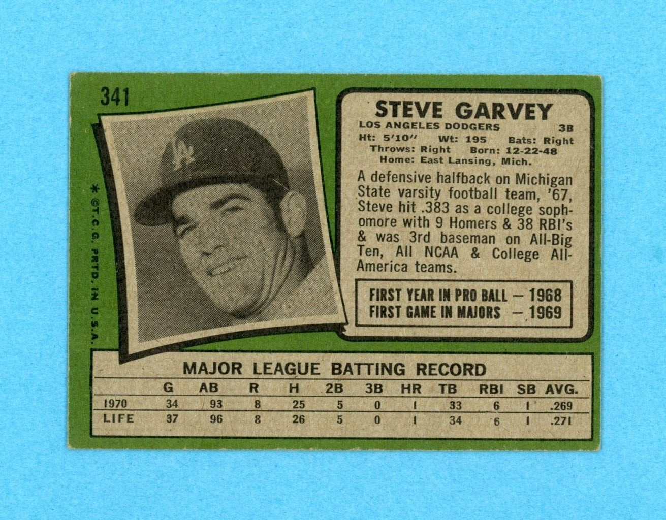 1971 Topps #341 Steve Garvey Los Angeles Dodgers Rookie Baseball Card Vg/Vg+ wrk