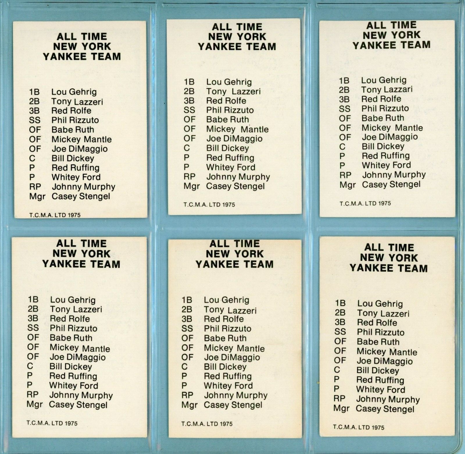 1975 TCMA All Time New York Yankees Complete Set of 12 Baseball Cards