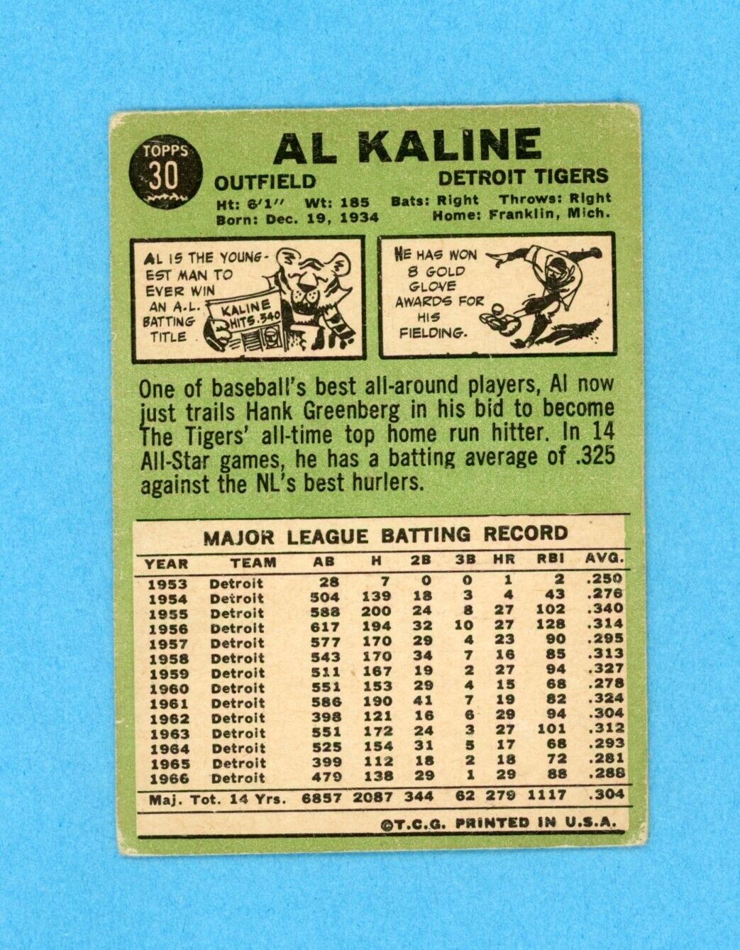 Al Kaline Signed 1967 Topps Card #30 Auto with B&E Hologram