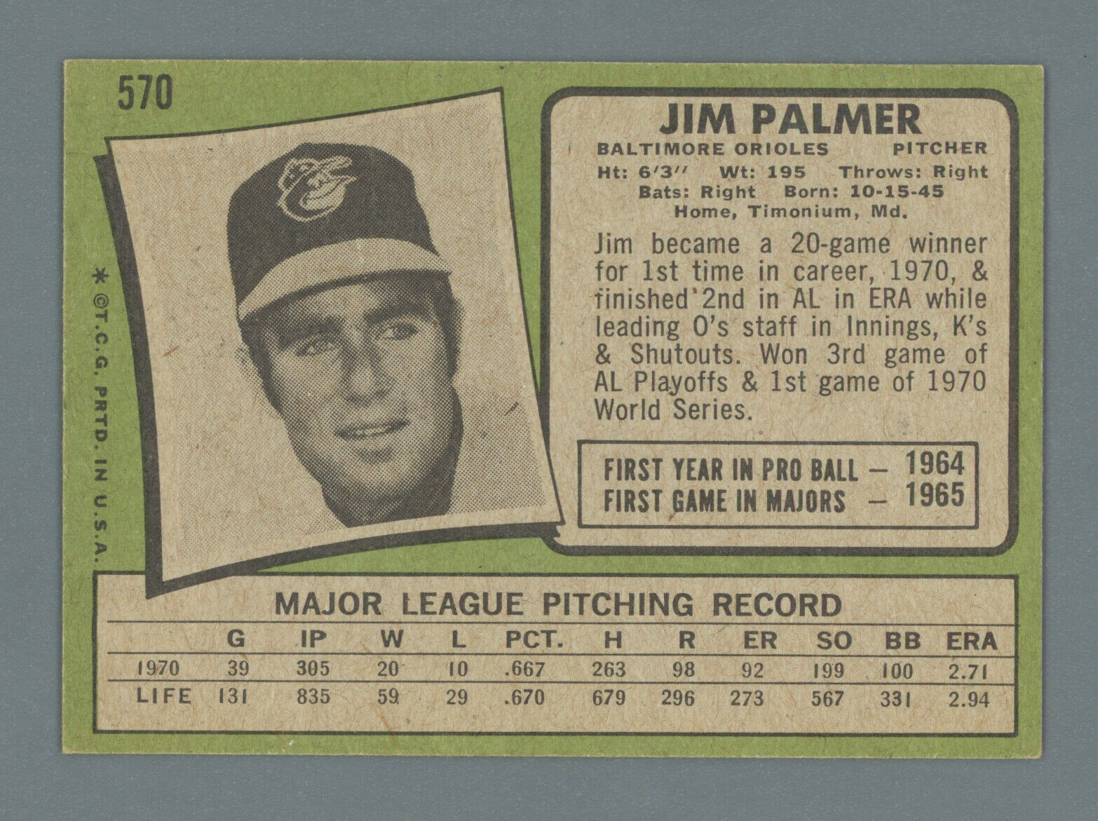 1971 Topps #570 Jim Palmer Baltimore Orioles Baseball Card EX - EX+