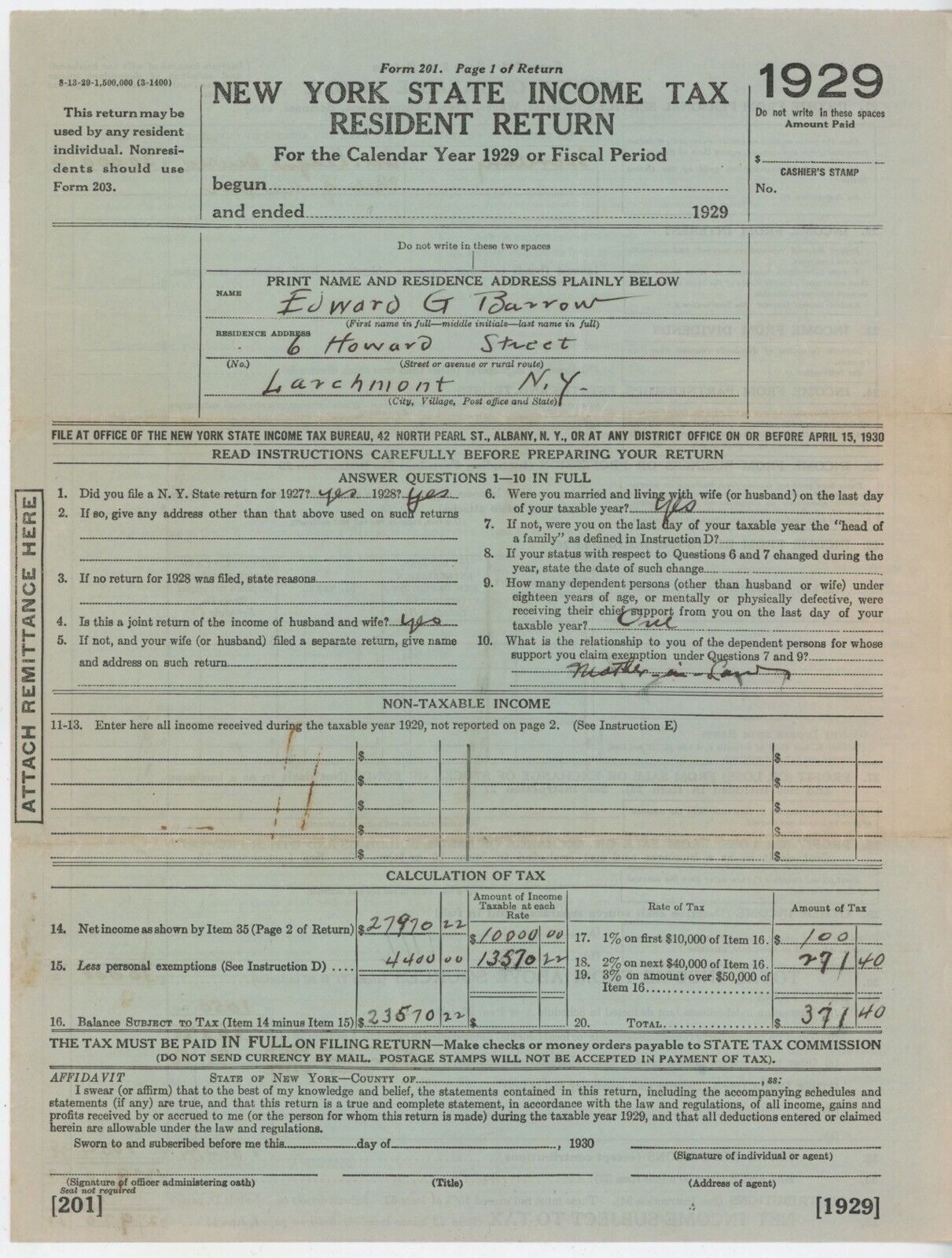 Original UNSIGNED 4 Page 1929 Tax Return Form of Ed Barrow • Yankees Executive