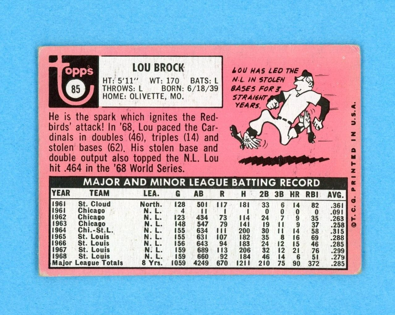 1969 Topps #85 Lou Brock St Louis Cardinals Baseball Card VG