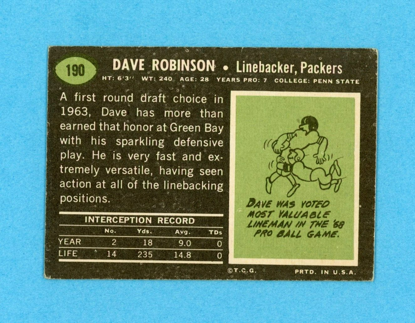 Dave Robinson Green Bay Packers 1969 Topps #190 Autographed Football Card