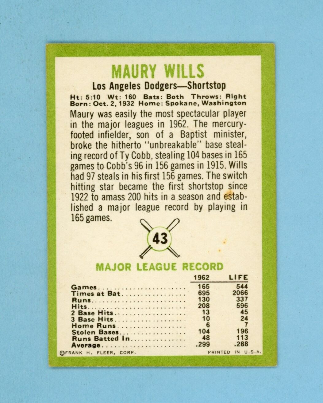 1963 Fleer #43 Maury Wills Los Angeles Dodgers Rookie Baseball Card EX+