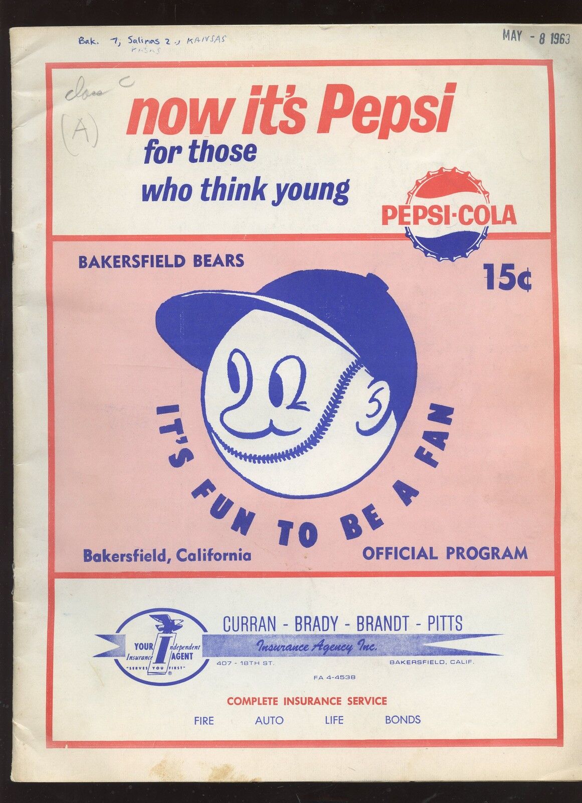 1963 Minor League Baseball Program Bakersfield Bears