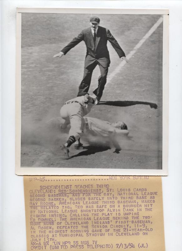 Original 1954 Red Schoendienst Safe at 3rd Wire Photo