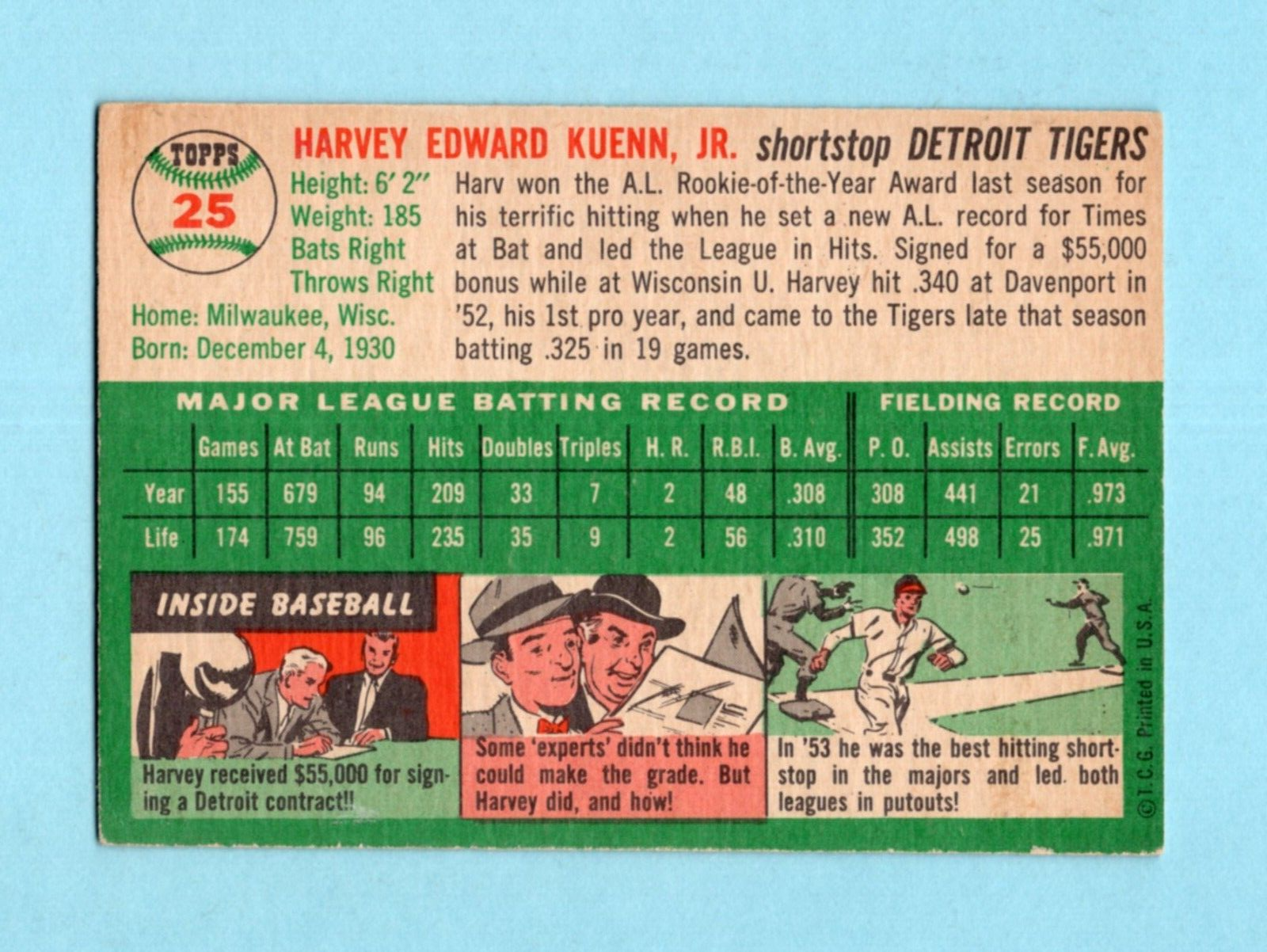 1954 Topps #25 Harvey Kuenn Detroit Tigers Rookie Baseball Card EX - EX+ o/c