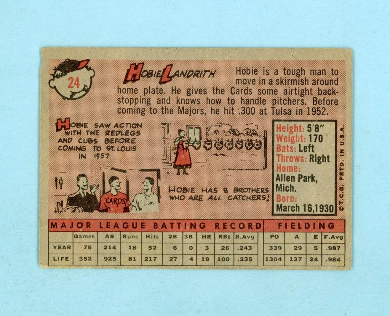 1958 Topps #24 Hobie Landrith St. Louis Cardinals Baseball Card G - VG YL Vari