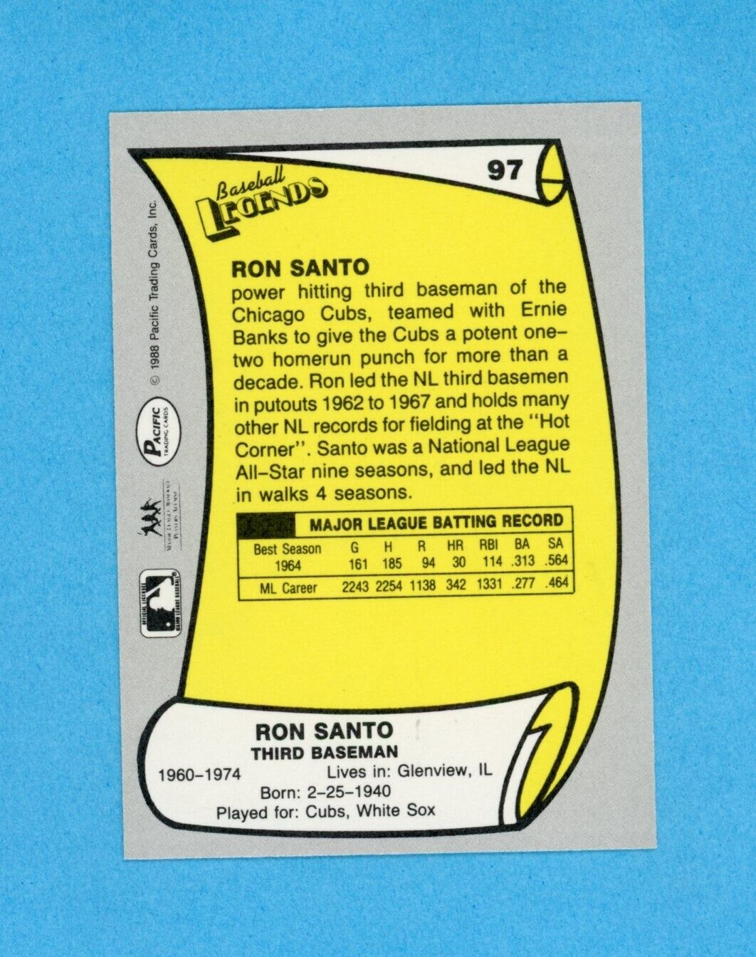 Ron Santo Chicago Cubs 1988 Pacific Legends 1 #97 Autographed Baseball Card