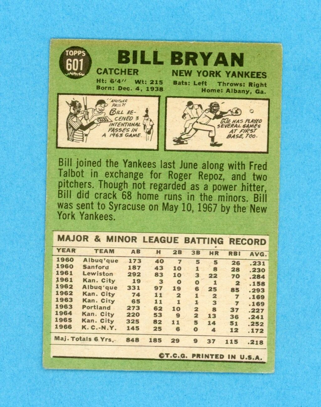 1967 Topps #601 Bill Bryan New York Yankees High Number Baseball Card Vg/Ex