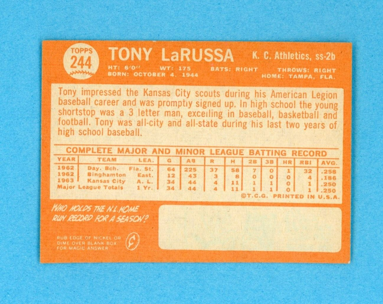 1964 Topps #244 Tony LaRussa K. C. Athletics Rookie Baseball Card Low Grade