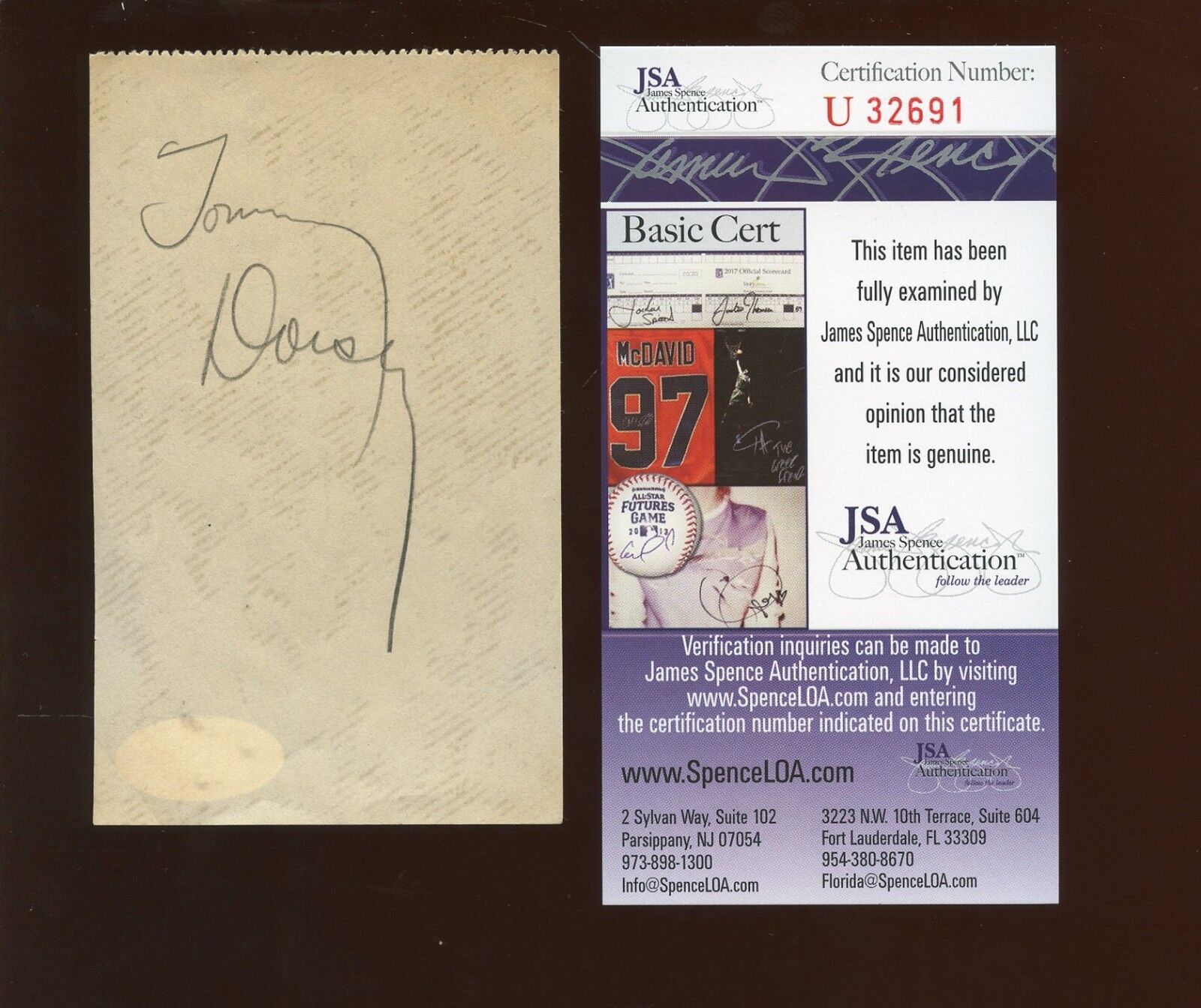 Tommy Dorsey Autograph Cut JSA Cert