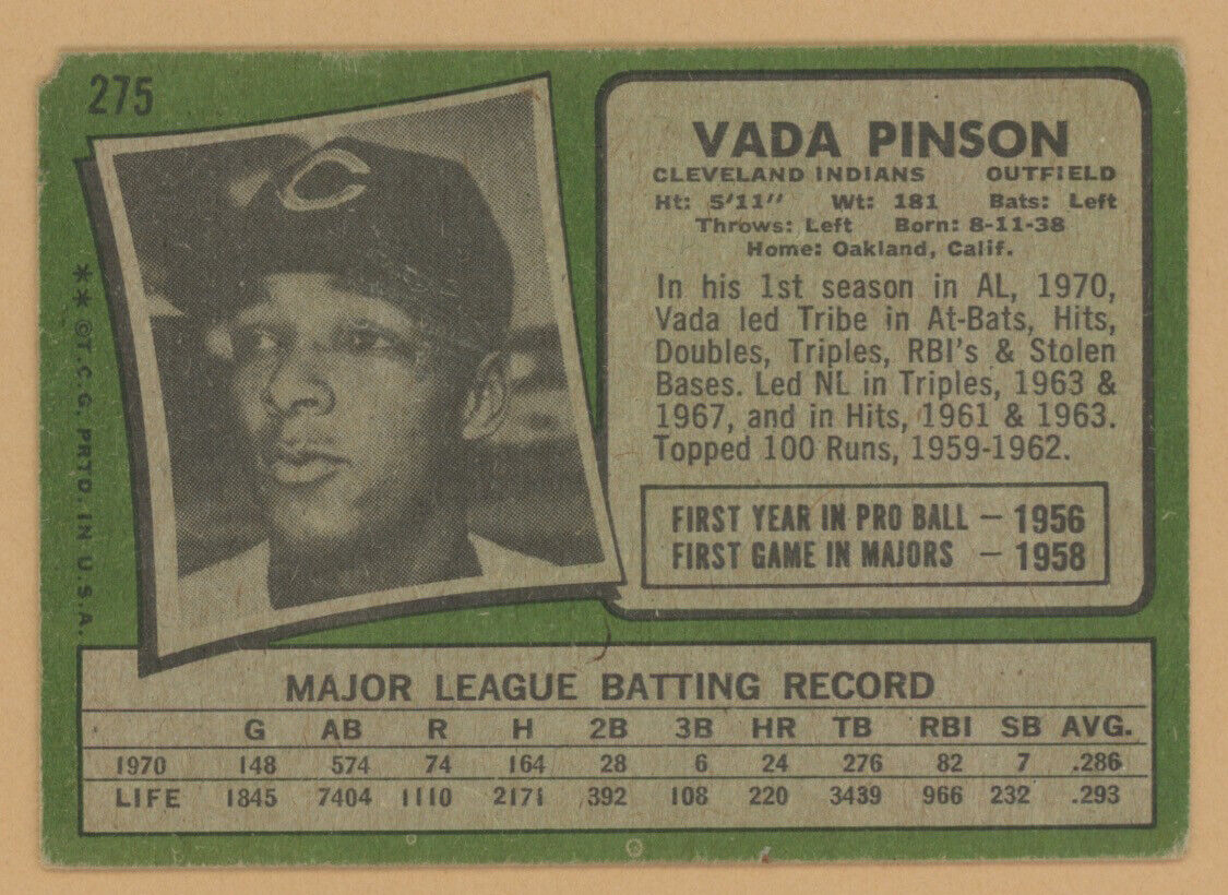 Vada Pinson Signed 1971 Topps Card #275 Auto with B&E Hologram