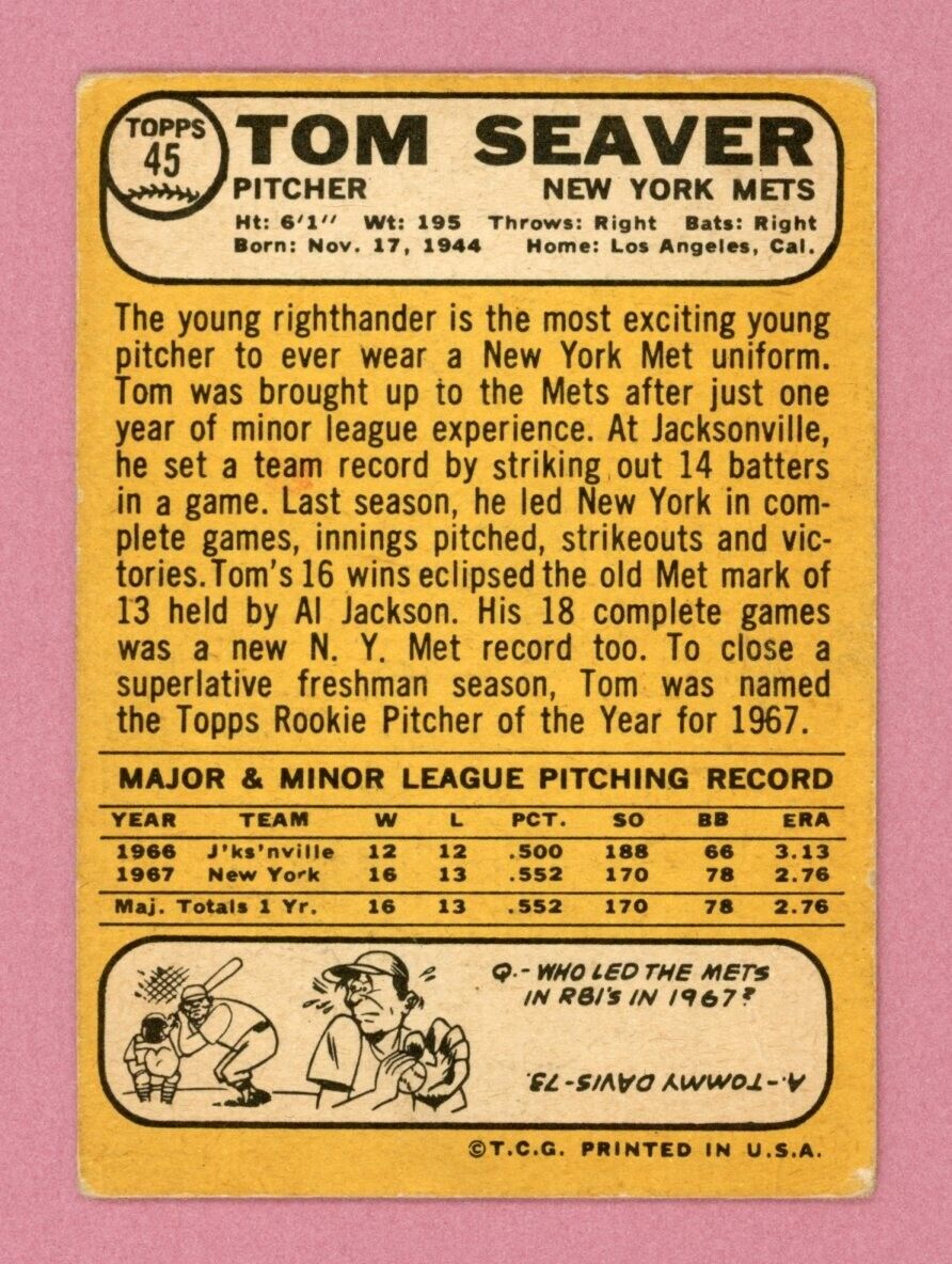 1968 Topps #45 Tom Seaver New York Mets Baseball Card Low Grade