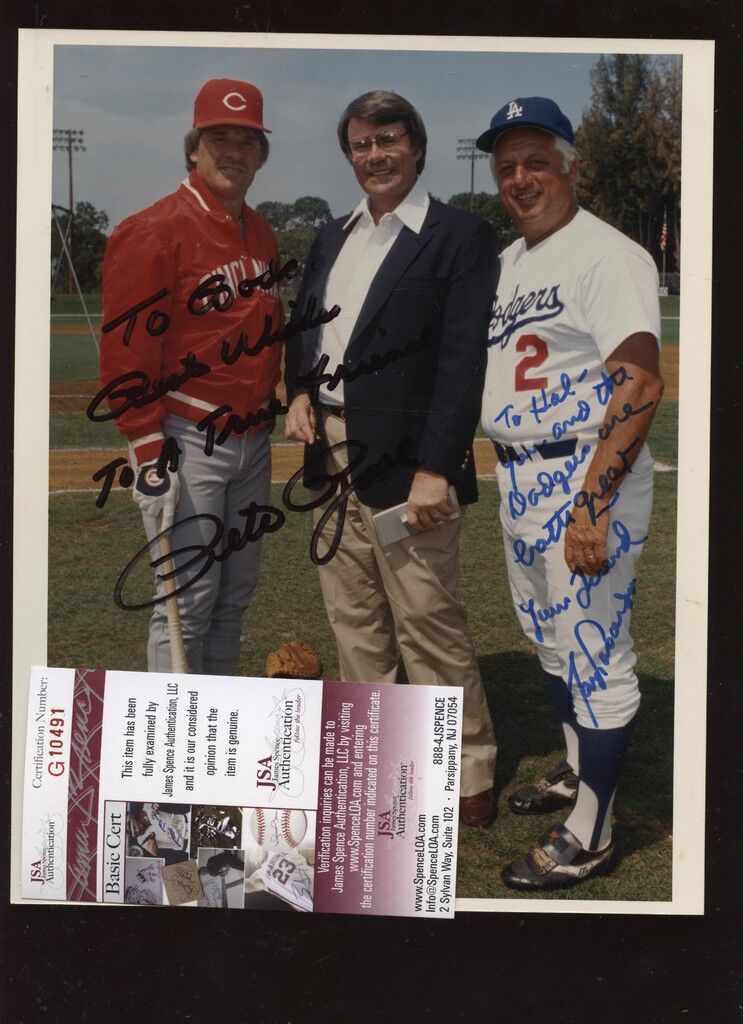 To Hal Pete Rose / Tom Lasorda Autographed Photo JSA