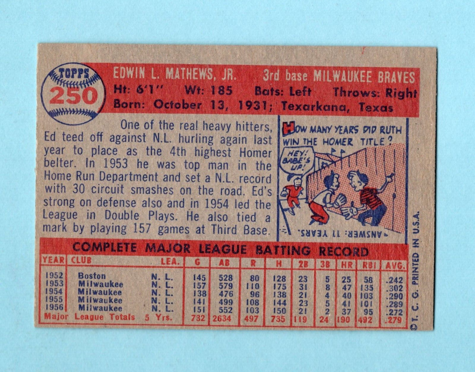 1957 Topps #250 Ed Mathews Milwaukee Braves Baseball Card EX+ - Ex/Mt o/c