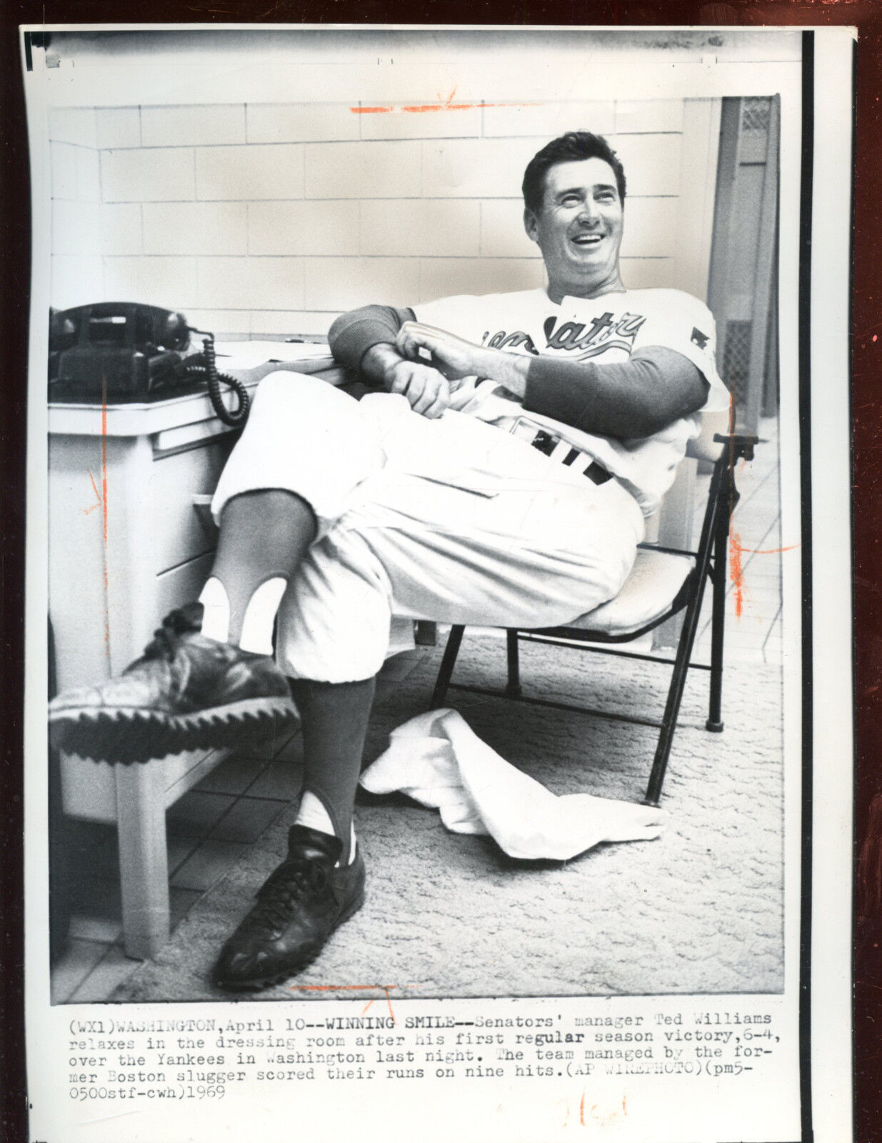 Original April 10 1969 Ted Williams Washington Senators Manager Wire Photo