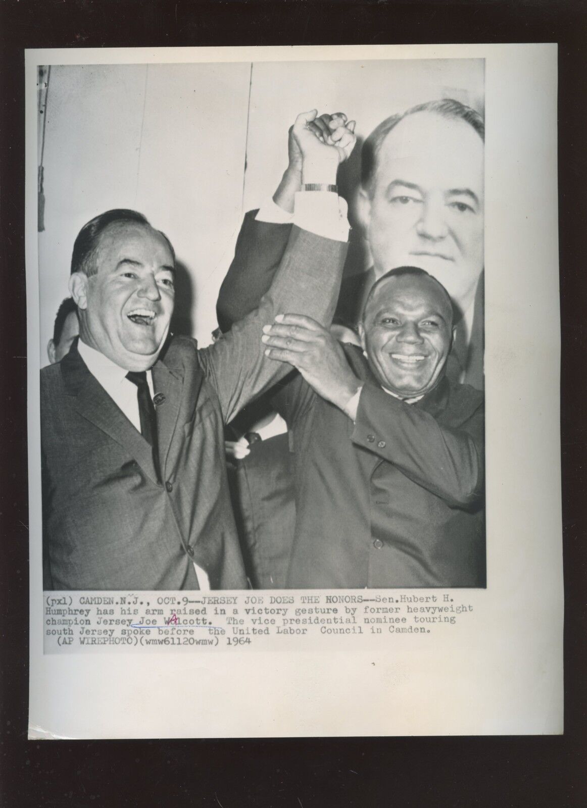 Original October 9 1964 Jersey Joe Walcott & Hubert Humphrey Wire Photo