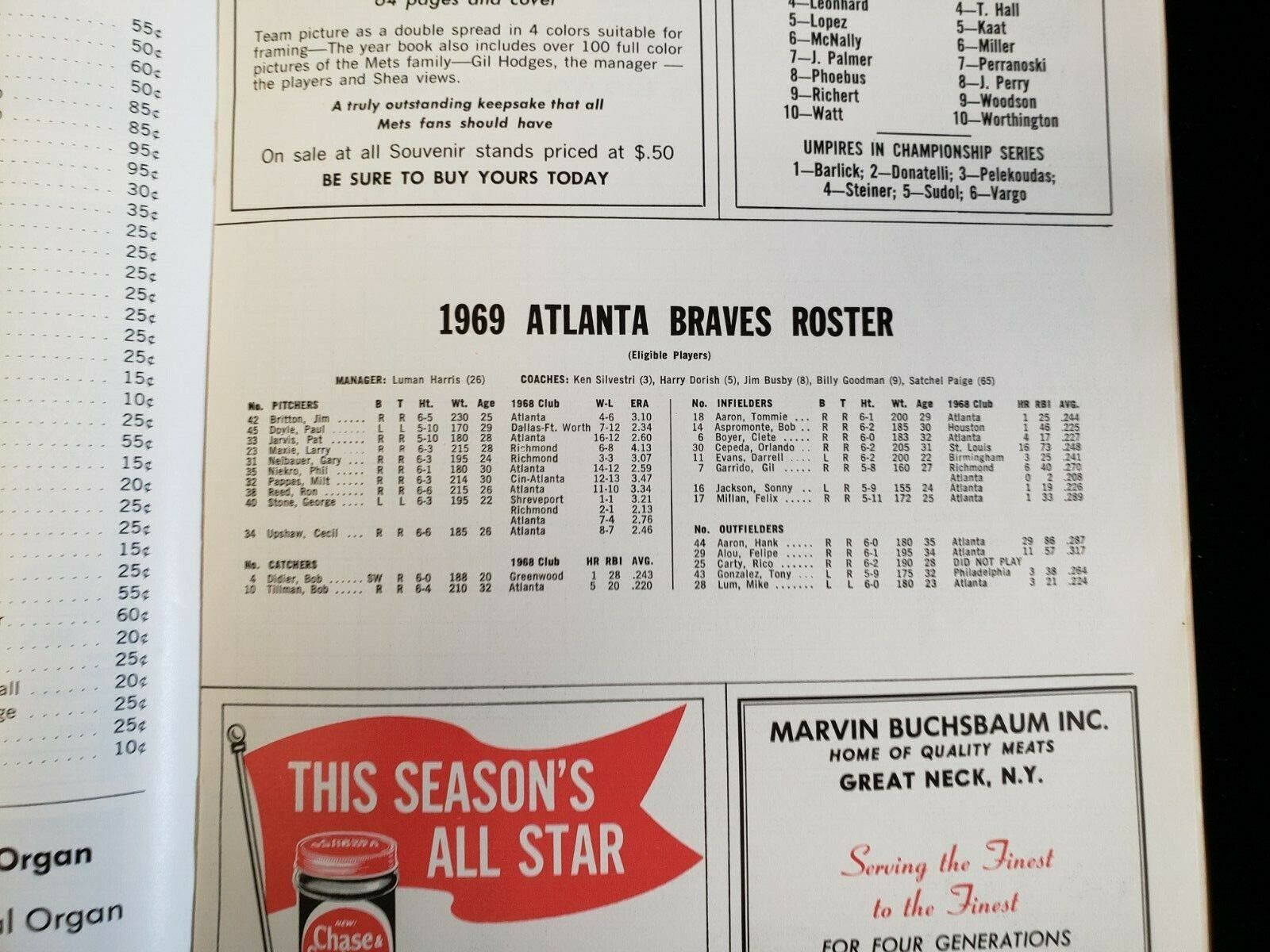 1969 NLCS Atlanta Braves @ New York Mets Program - Unscored