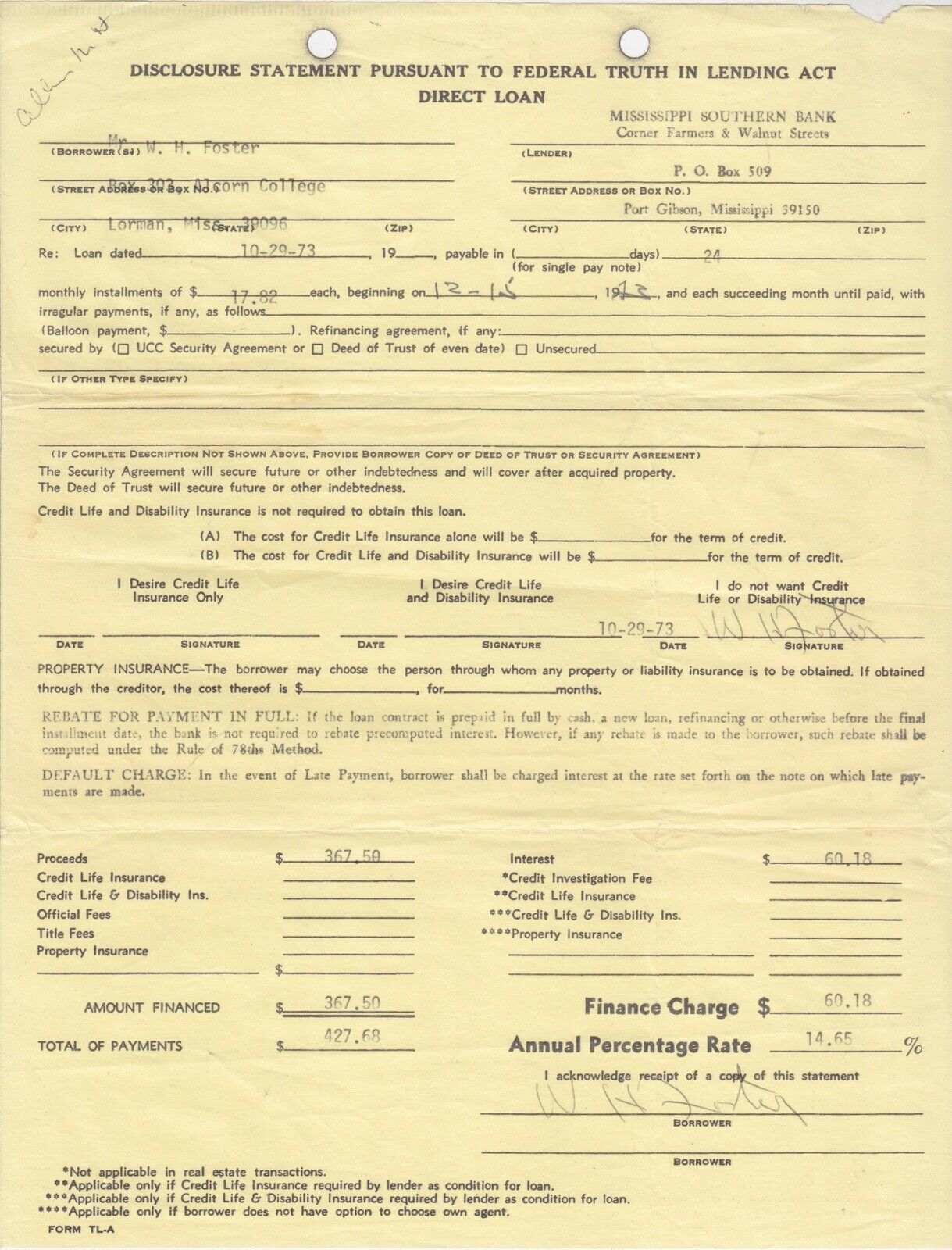 Willie H. Foster Negro Leagues Carbon Copy Signatures - Personal Loan Contract 1