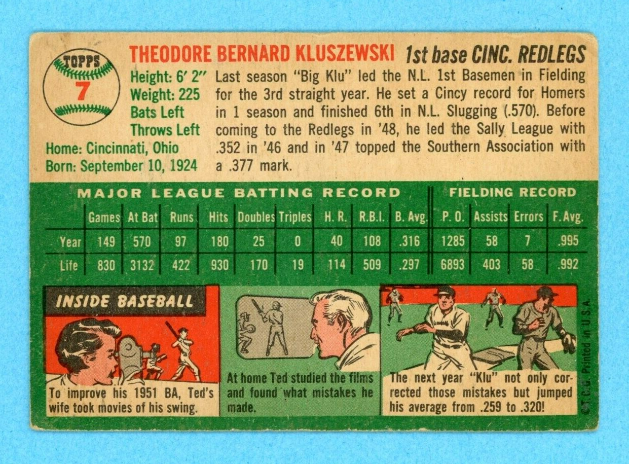 1954 Topps #7 Ted Kluszewski Cincinnati Reds Baseball Card VG - VG+