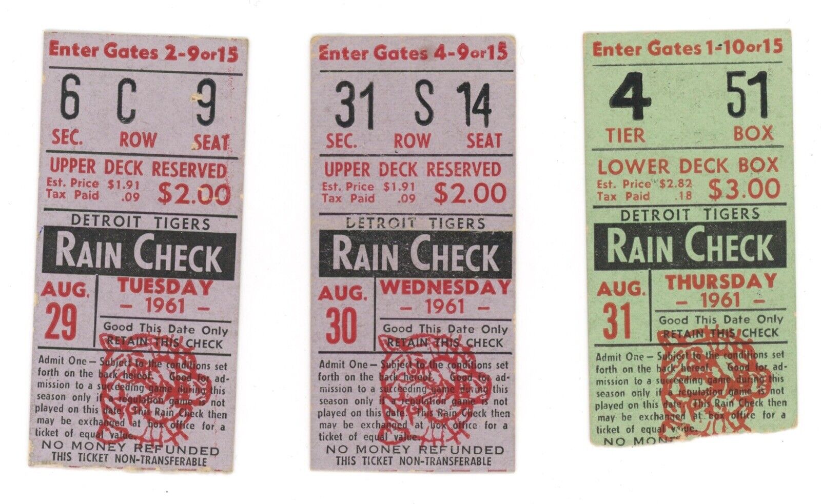 Lot of 3 • 1961 Chicago White Sox vs Detroit Tigers at Detroit Ticket Stubs