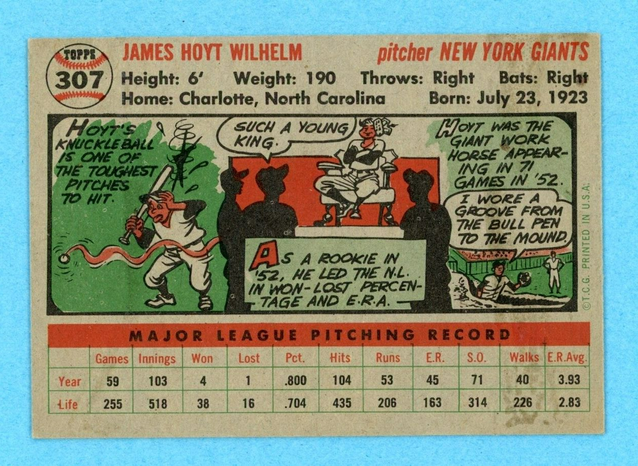 1956 Topps #307 Hoyt Wilhelm New York Giants Baseball Card Ex/Mt app prt lns ind