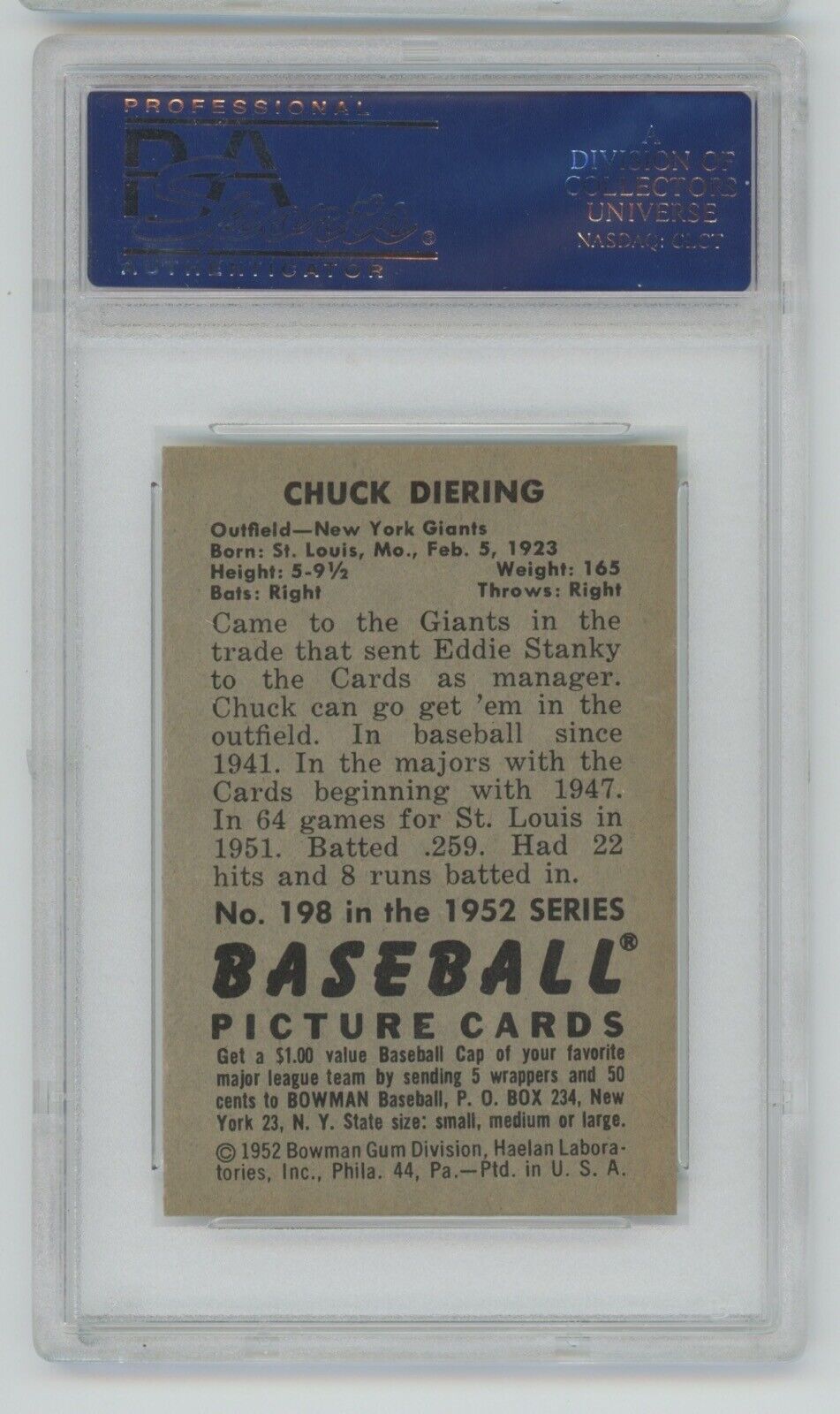 Chuck Diering 1952 Bowman Card #198 PSA 6 EX-MT