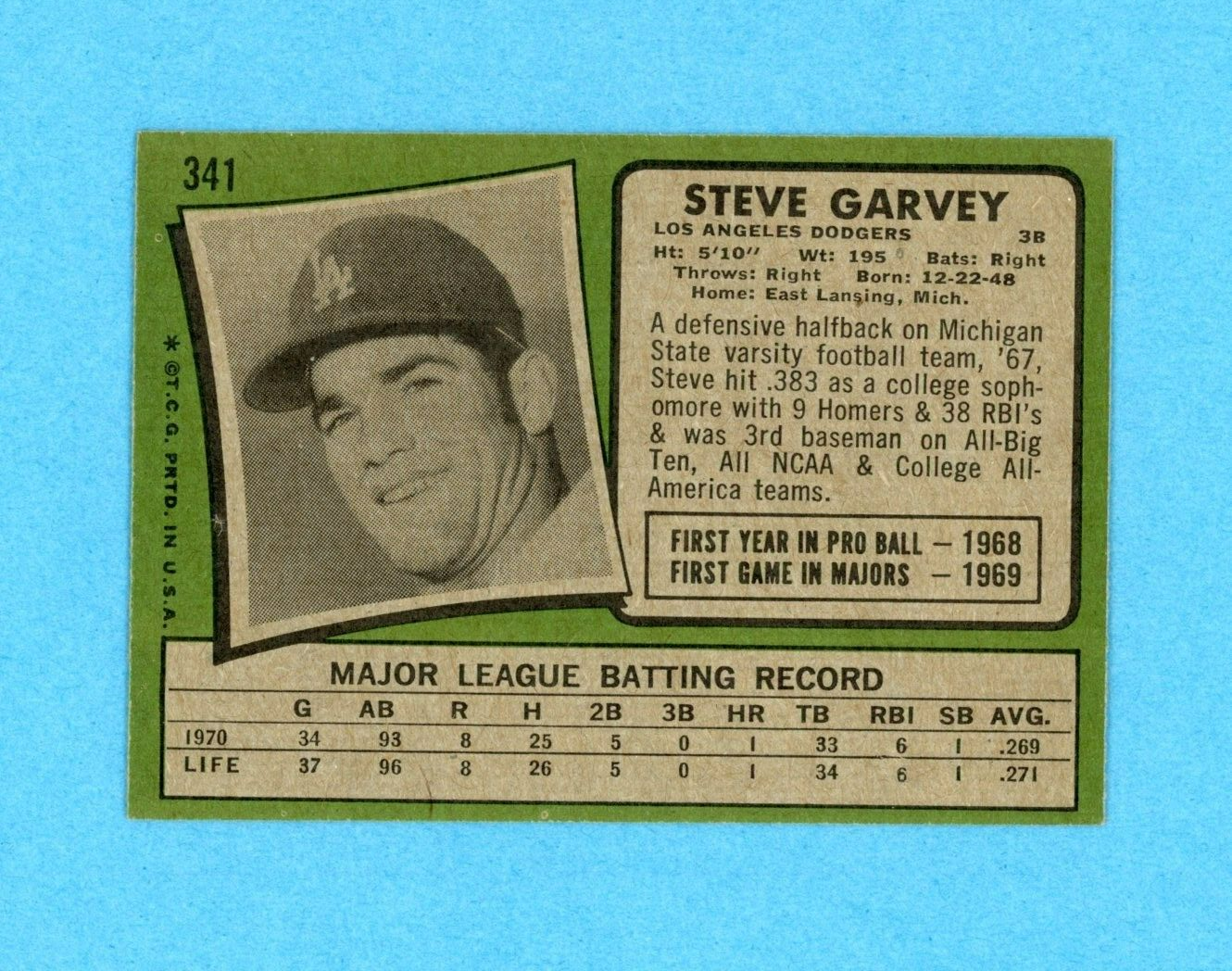 1971 Topps #341 Steve Garvey Los Angeles Dodgers Rookie Baseball Card NM