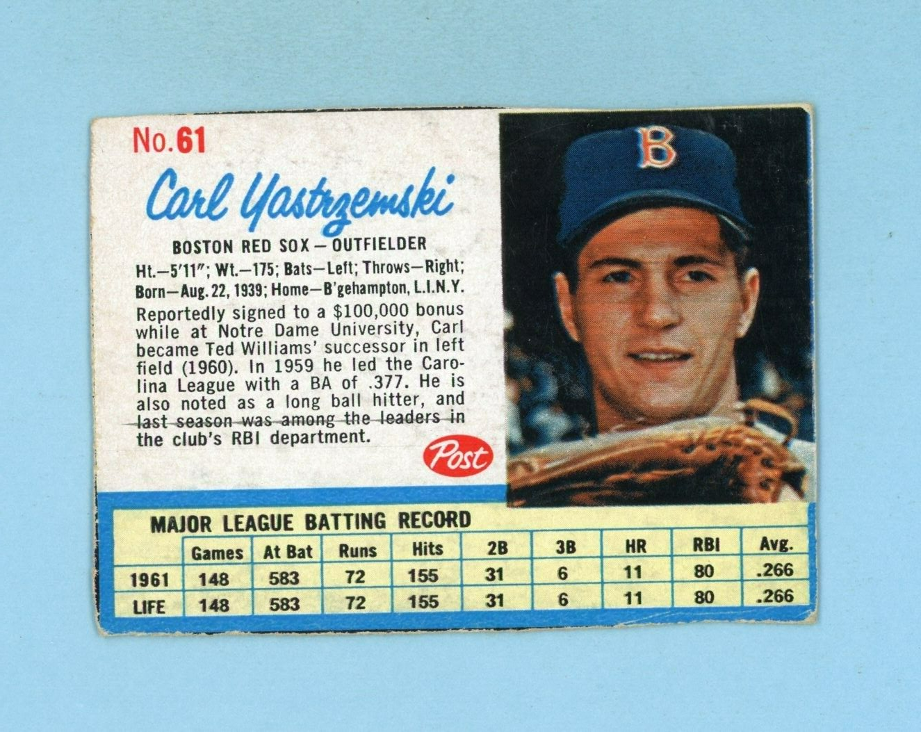 1962 Post Cereal #61 Carl Yastrzemski Boston Red Sox Baseball Card