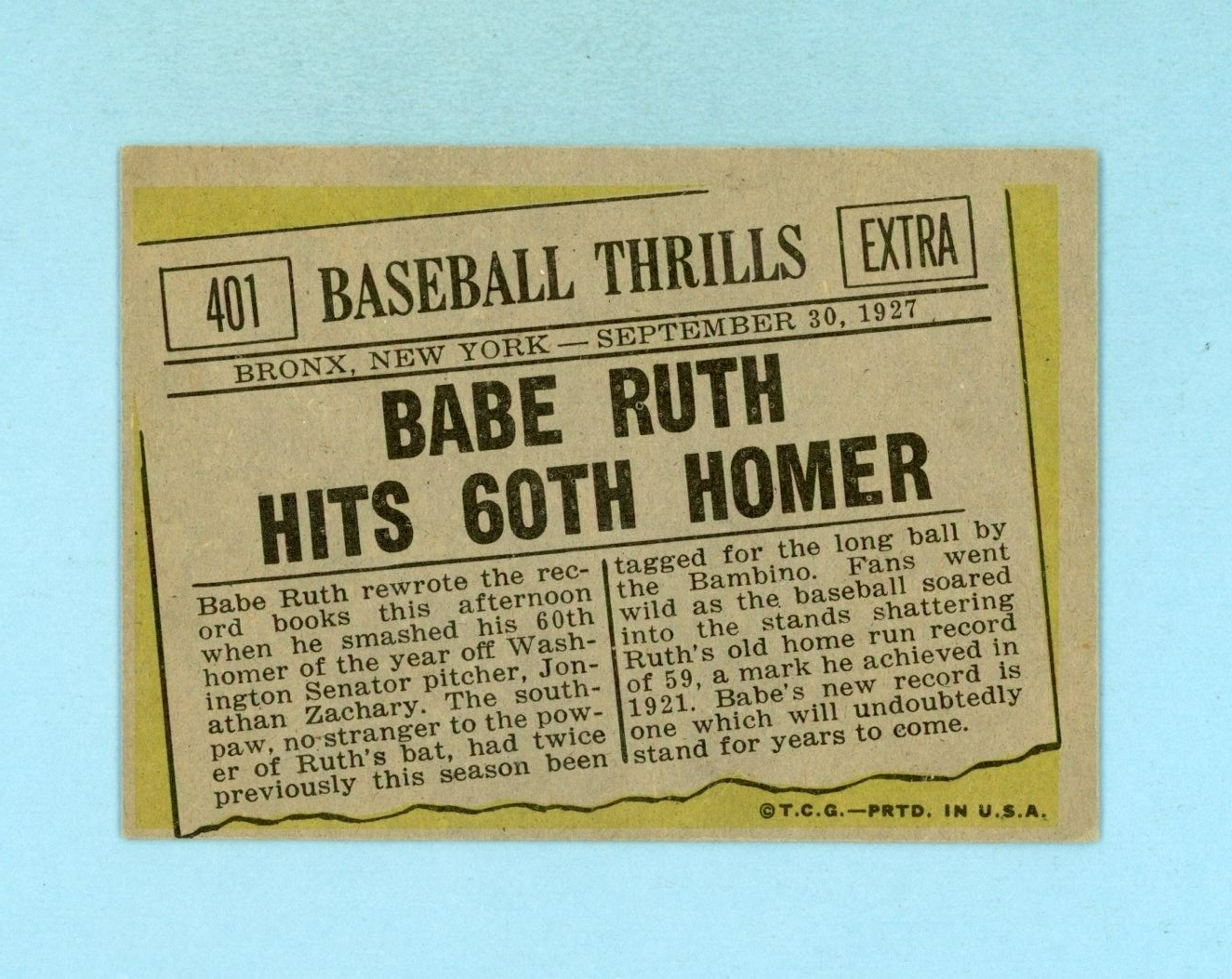 1961 Topps #401 Babe Ruth Baseball Thrills NY Yankees Baseball Card EX o/c