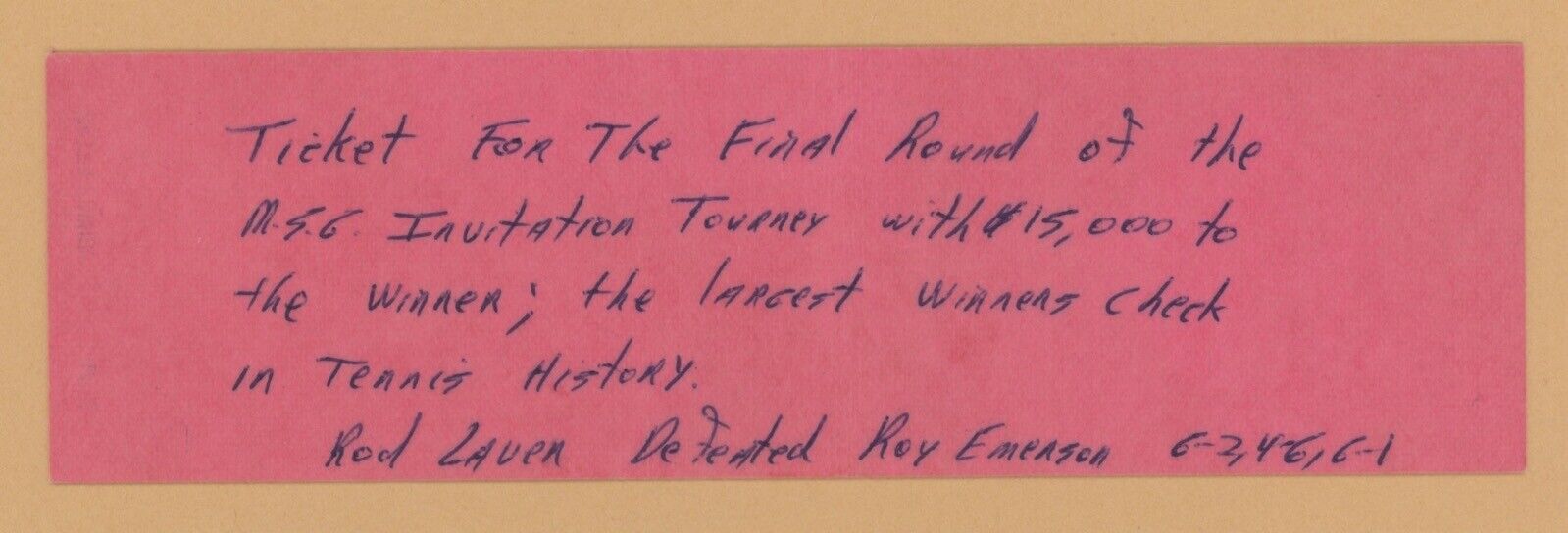 5/17/69 MSG Tennis Invitational • Courtside Official Full Ticket Rod Laver Wins