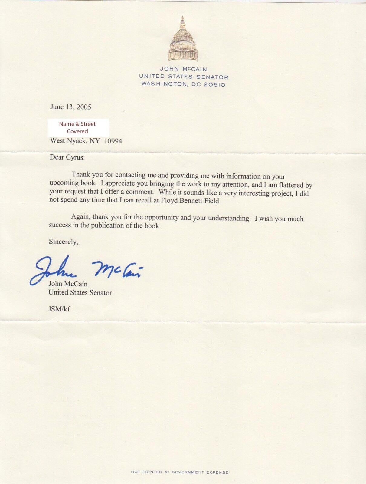 Sen. John McCain Signed (most likely autopen) 2005 Official Letter w Envelope