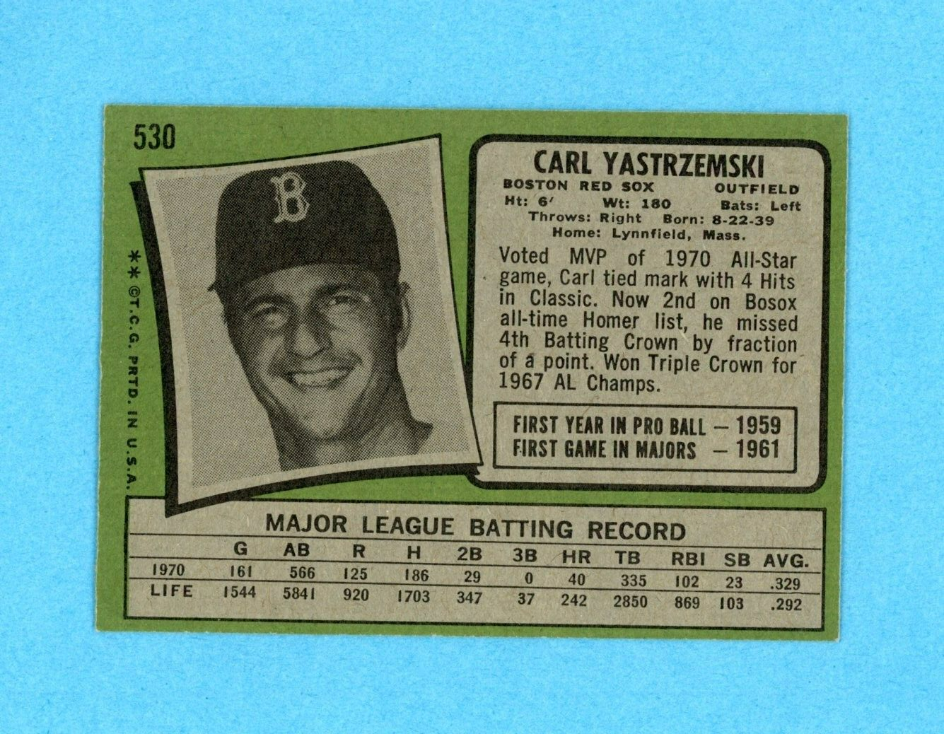 1971 Topps #530 Carl Yastrzemski Boston Red Sox Baseball Card Ex/Mt - NM