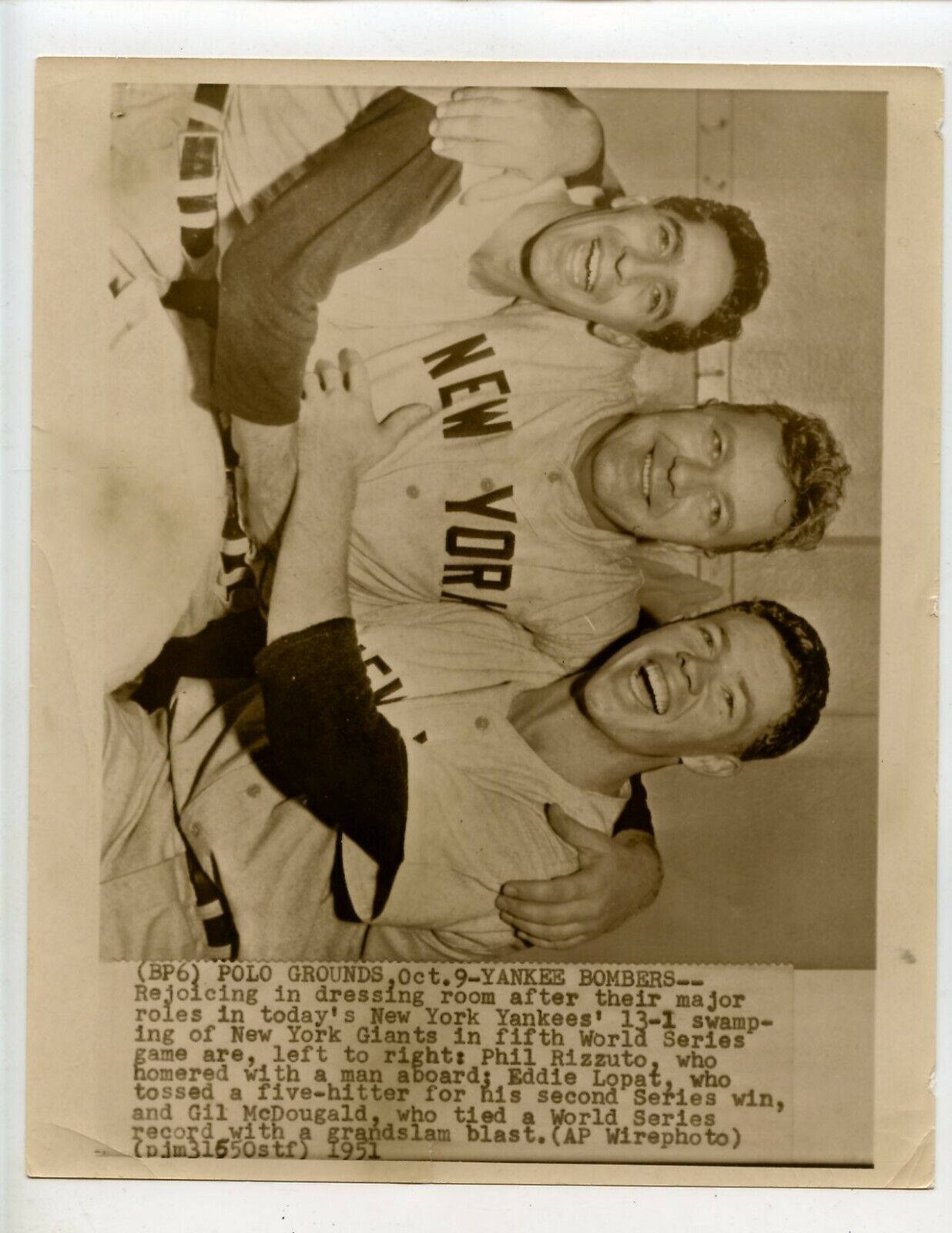 Original Oct 9 1951 Rizzuto Lopat McDougald World Ser Yankees 8 X 10 Wire Photo