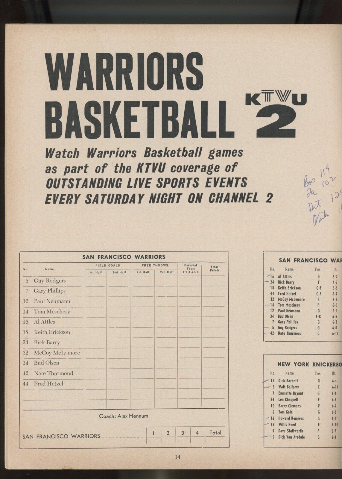 1/12/66 New York Knicks vs San Francisco Warriors Game Program