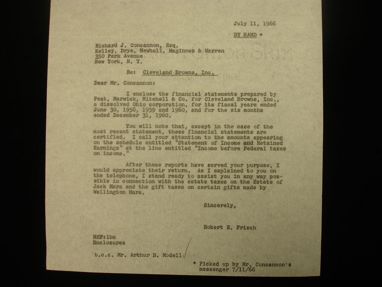 September 9, 1963 Cleveland Browns Letter Carbon Copy Given to Art Modell