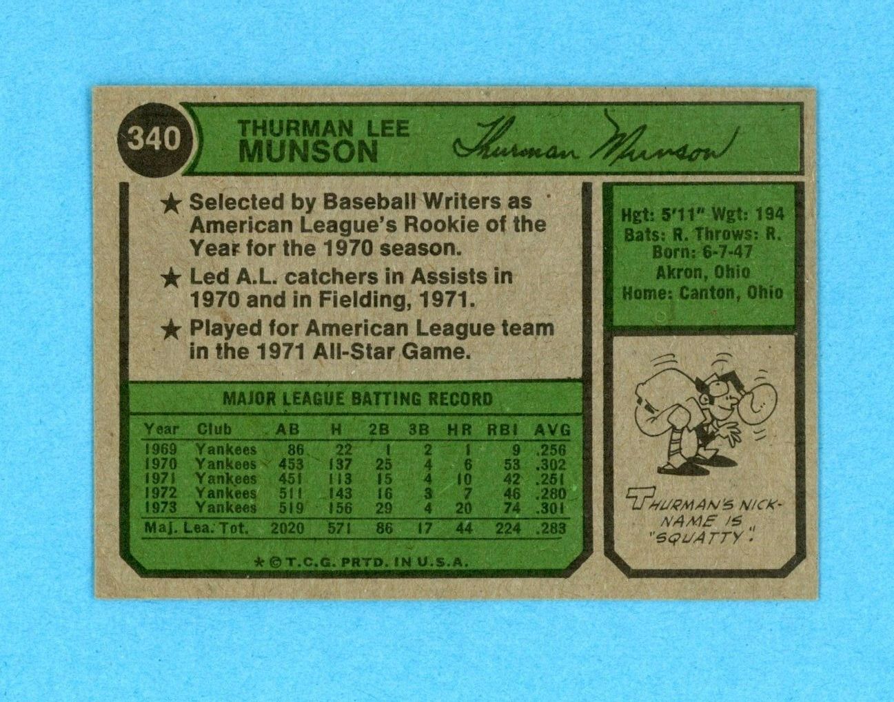 1974 Topps #340 Thurman Munson New York Yankees Baseball Card Ex/Mt - NM