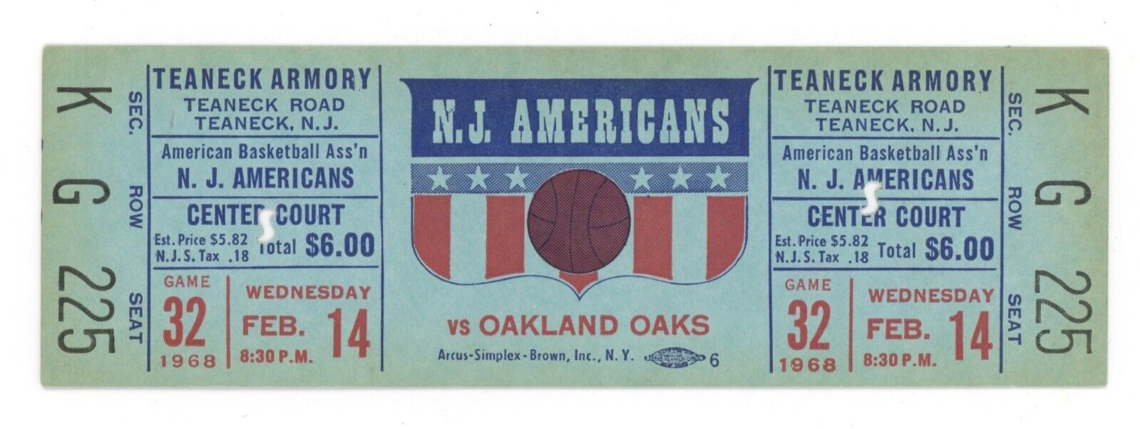 2/14/68 ABA N.J. Americans vs Oakland Oaks • Full Ticket • Punched