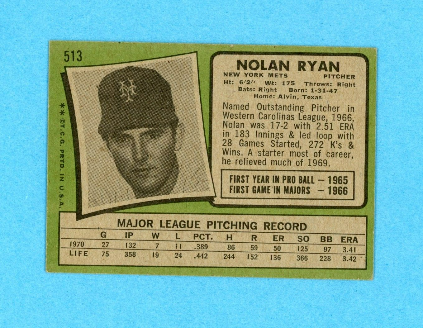 1971 Topps #513 Nolan Ryan New York Mets Baseball Card Vg/Ex