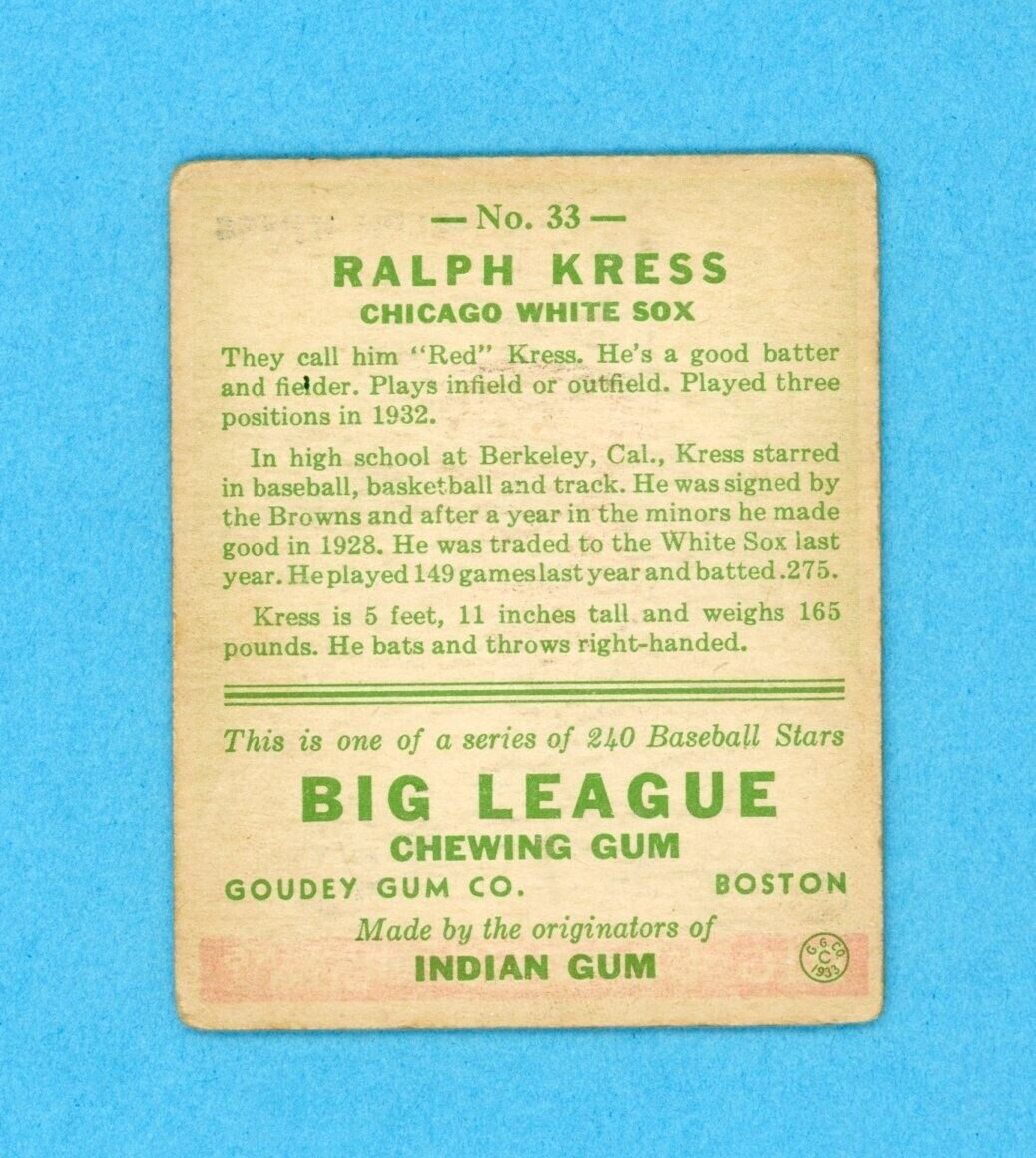 1933 Goudey #33 Ralph Kress Chicago White Sox Baseball Card VG few lht wrks