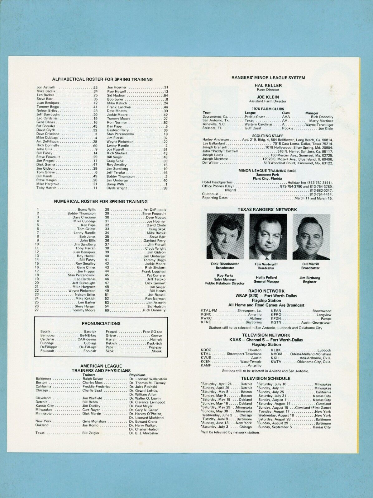 1976 Texas Rangers Spring Training Roster, Spring & Season Schedule & Media Info