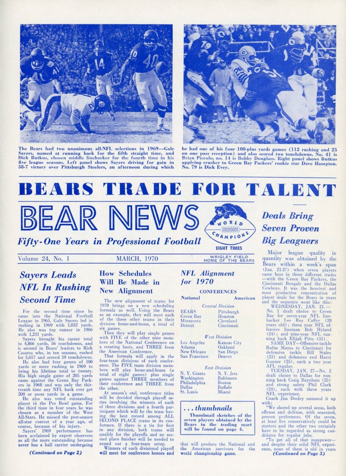 March, 1970 Vol. 24 No. 1 Bear News Chicago Bears Newsletter Sayers, Butkus