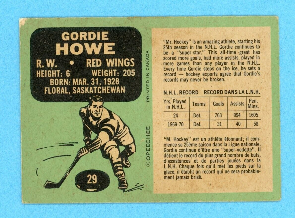 1970-71 OPC #29 Gordie Howe Detroit Red Wings Hockey Card Low Grade