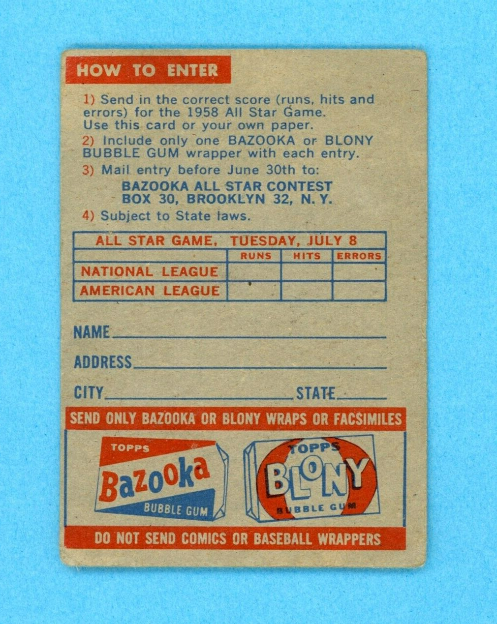 1958 Topps All-Star Game Contest Baseball Card Low Grade